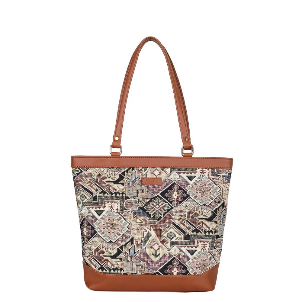 Ladies’ Geometric Tapestry Tote Bag | Vegan Leather Handbag with Sling Strap